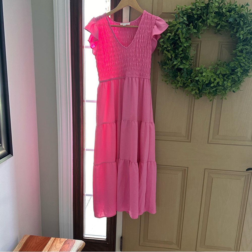 August Sky Pink Smocked Bodice Ruffle Sleeve Midi Dress - Size Small (worn once)